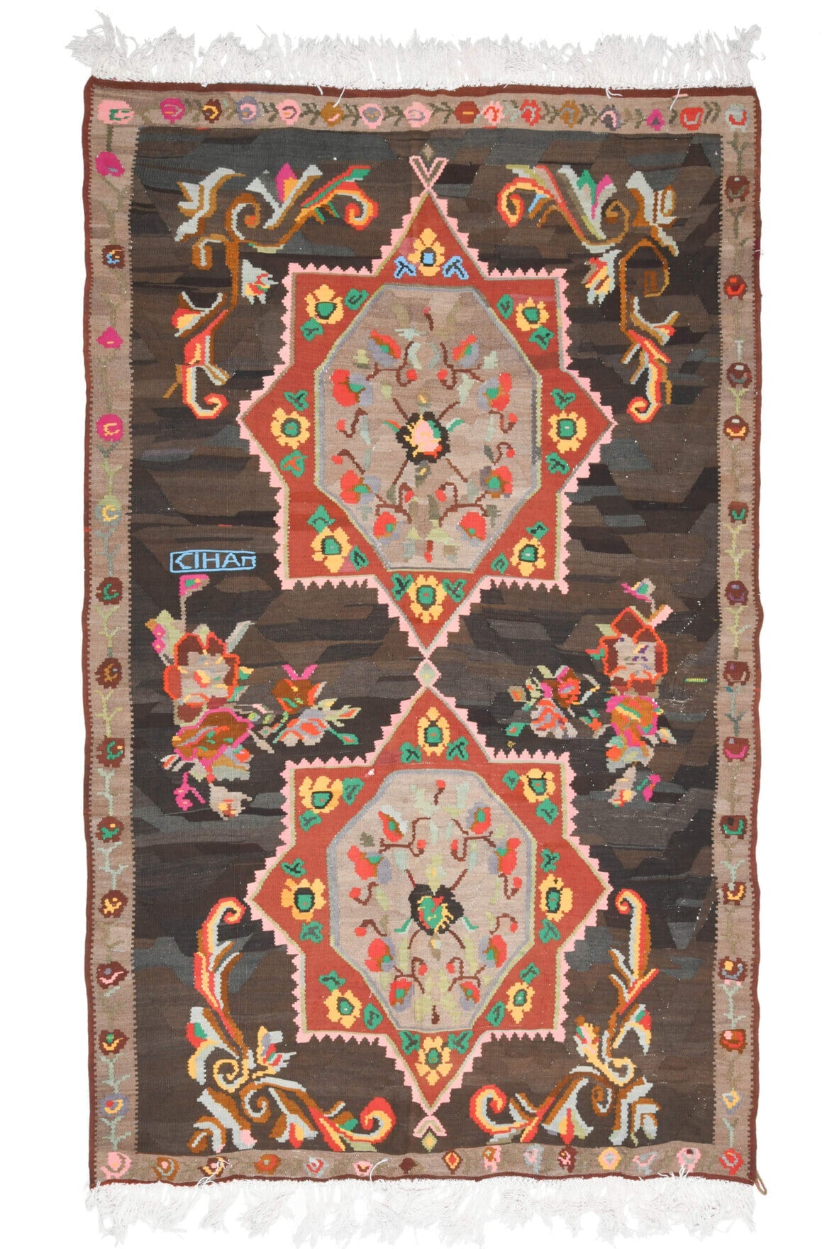 187x310 cm kahverengi, turuncu ve kırmızı oryantal desenli el dokuma vintage kilim – üstten tam görünüm