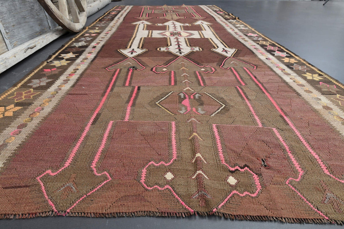 El yapımı vintage yolluk 168x396 cm oryantal desenli yün - yakın çekim doku detayı
