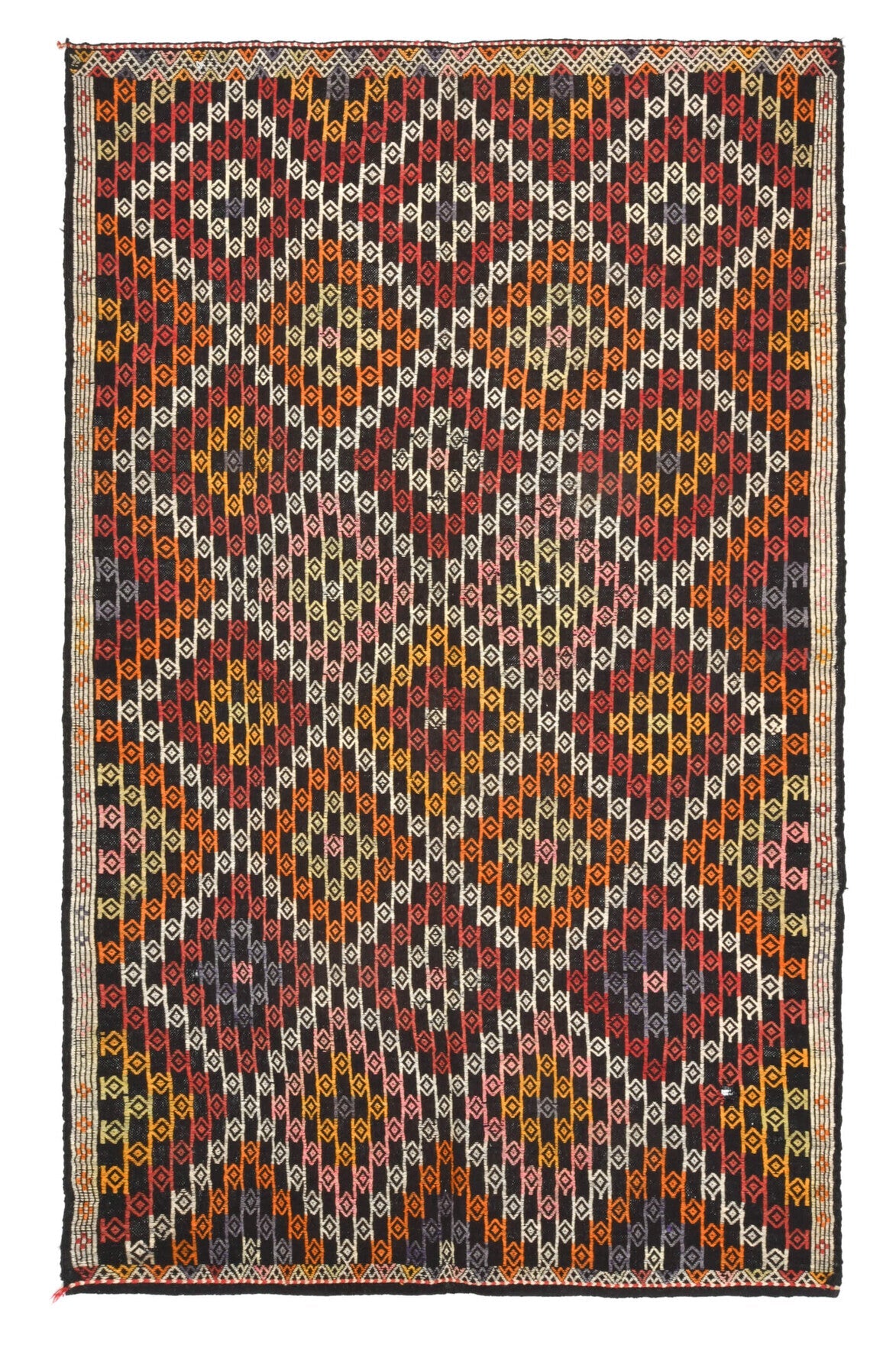 180x291 cm kahverengi, kırmızı ve turuncu oryantal desenli el dokuma vintage kilim – üstten tam görünüm