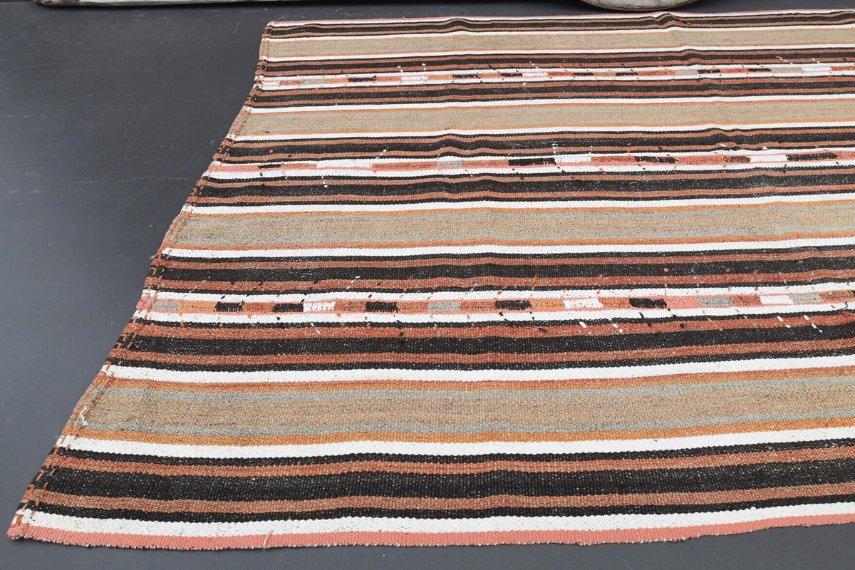 Turuncu ve kahverengi renkli el dokuma vintage kilim, %100 yün dokuma