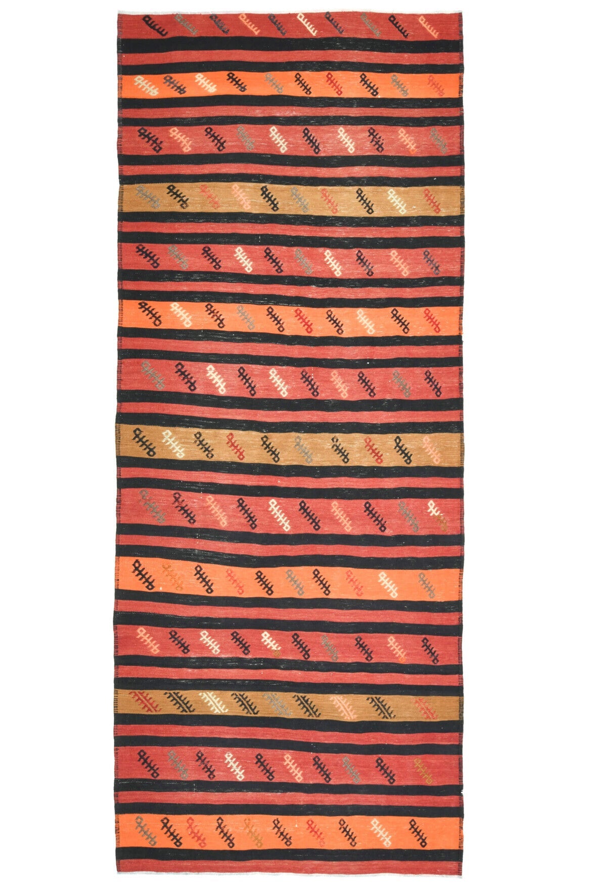 132x332 cm kırmızı ve turuncu oryantal desenli vintage kilim yolluk – üstten tam görünüm