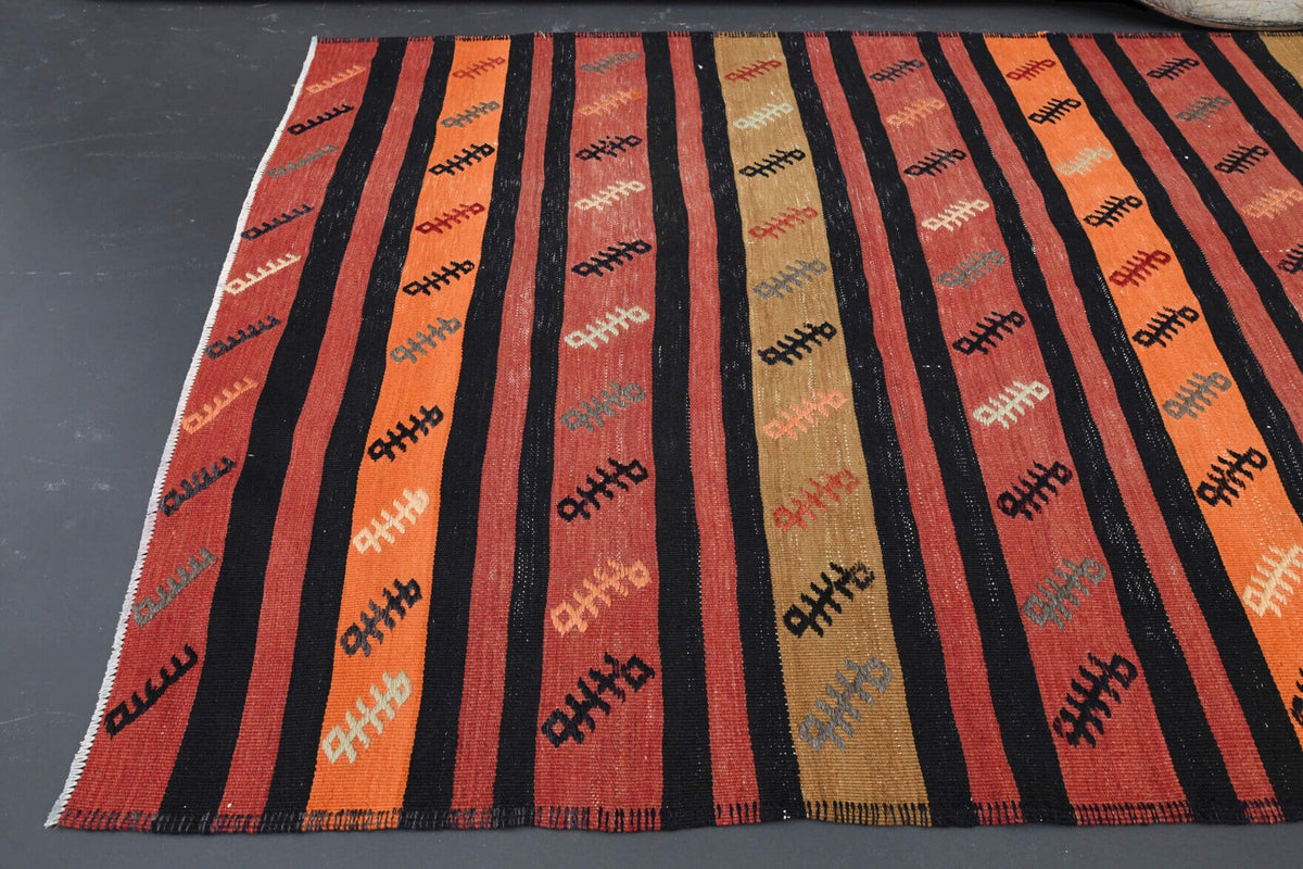 Kırmızı ve turuncu renkli vintage kilim yolluk, %100 yün dokuma