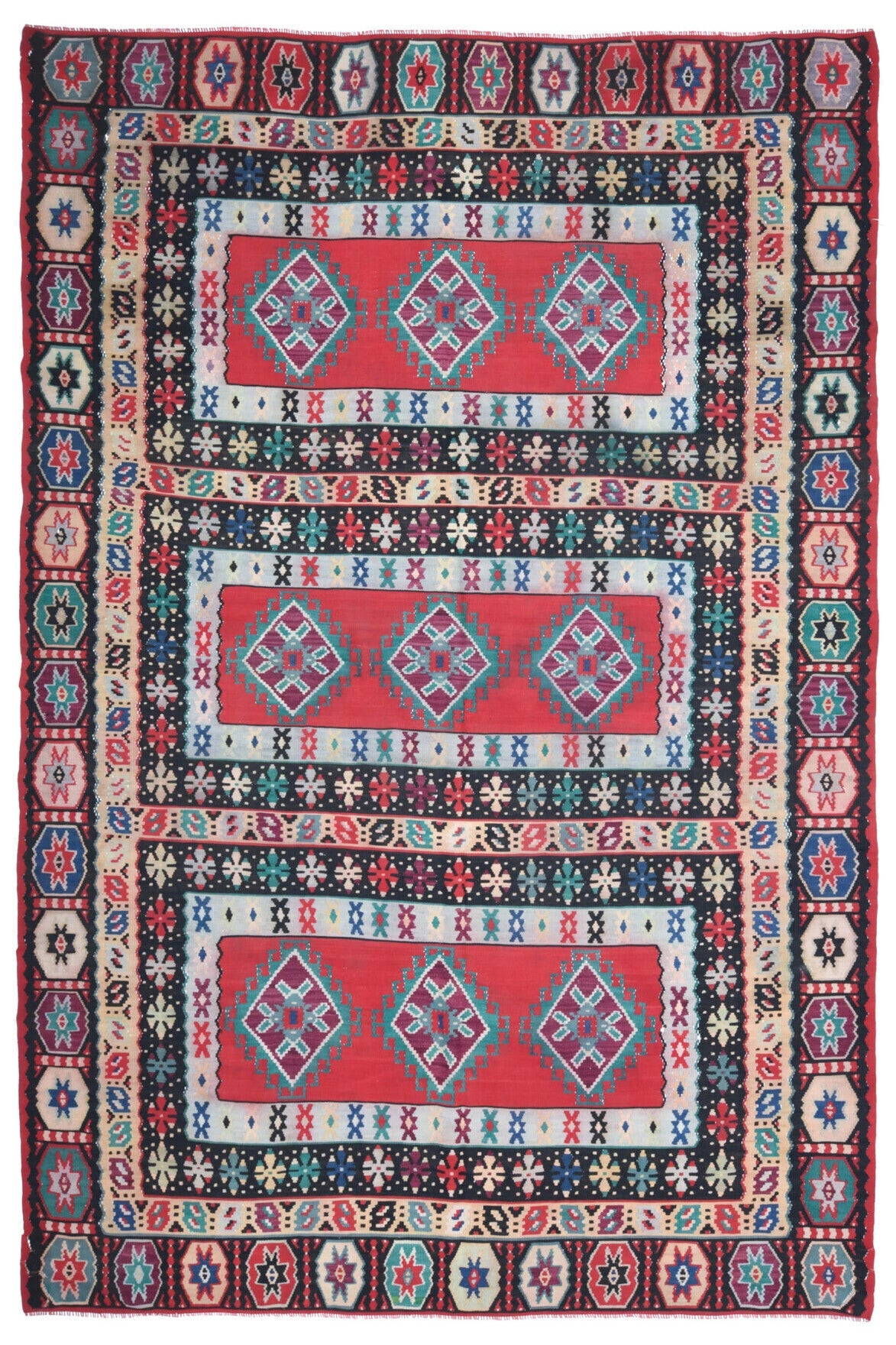 207x311 cm kırmızı, mavi ve pembe oryantal desenli el dokuma vintage kilim – üstten tam görünüm