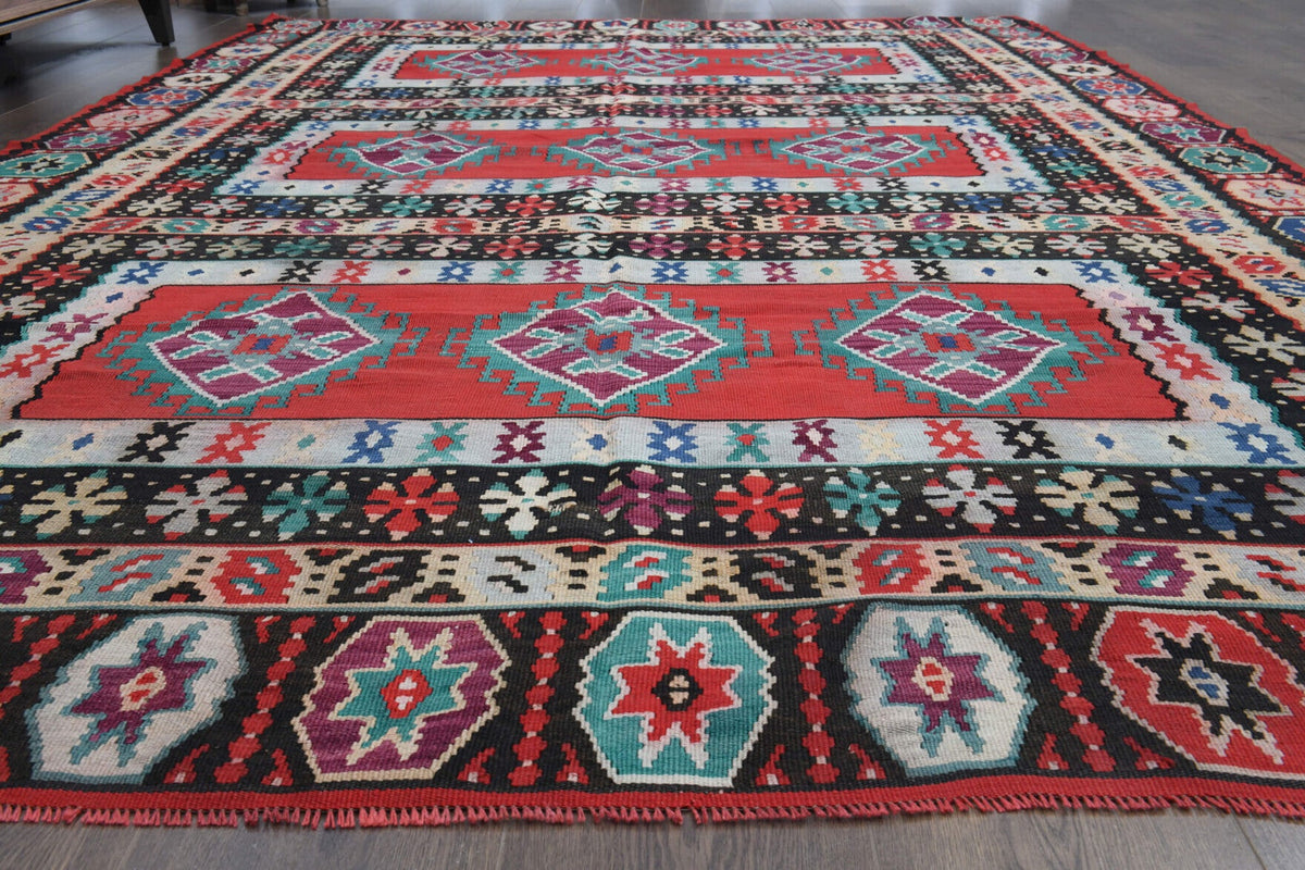 El yapımı vintage halı 208x310 cm oryantal desenli yün - yakın çekim doku detayı