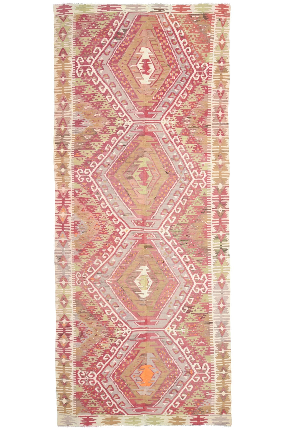 157x374 cm turuncu ve pembe oryantal desenli vintage kilim yolluk – üstten tam görünüm