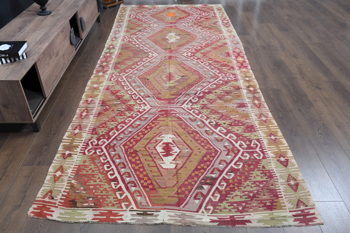 1960'lardan Anadolu kökenli oryantal desenli vintage kilim yolluk, 157x374 cm