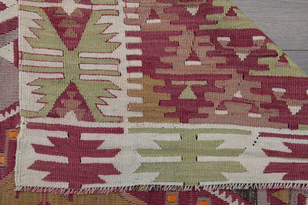 Turuncu ve pembe renkli vintage kilim yolluk, %100 yün dokuma