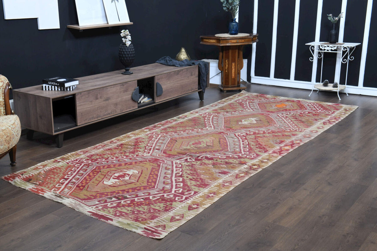 Antre ve koridor için oryantal desenli vintage kilim yolluk – 157x374 cm
