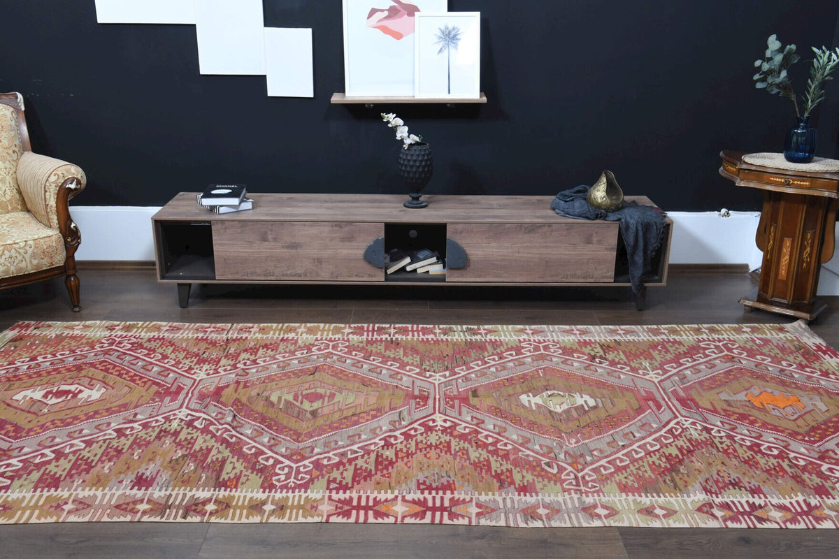 Vintage yolluk 157x374 cm – turuncu ve pembe oryantal desenli, el dokuma