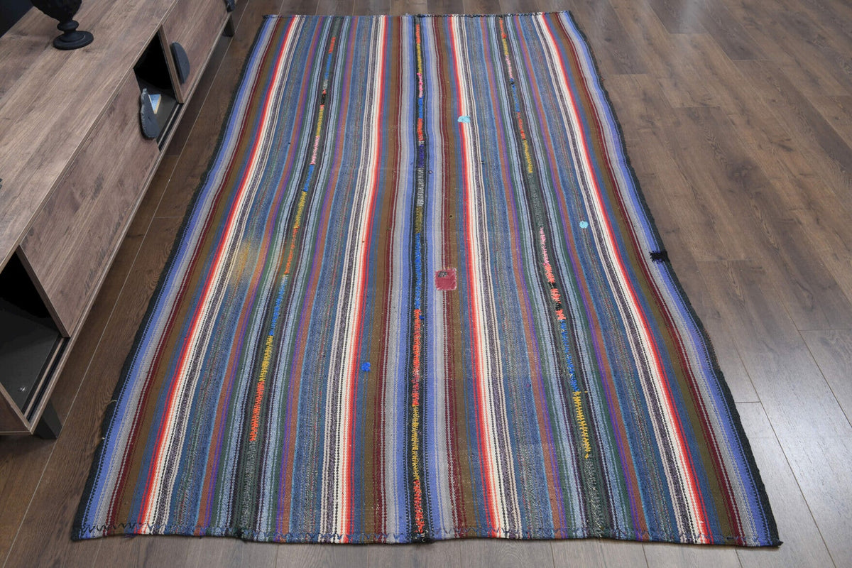 El yapımı vintage halı 157x277 cm çizgili desenli yün - detay görünümü