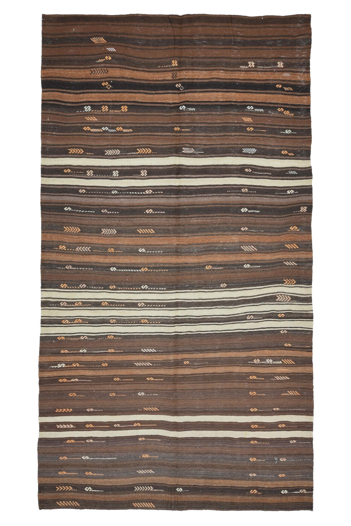170x317 cm kahverengi çizgili el dokuma vintage kilim – üstten tam görünüm