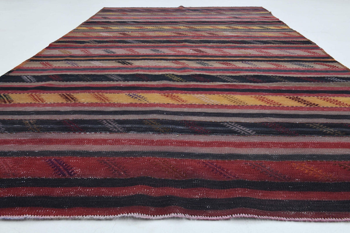 El yapımı vintage halı 147x262 cm çizgili desenli yün - detay görünümü