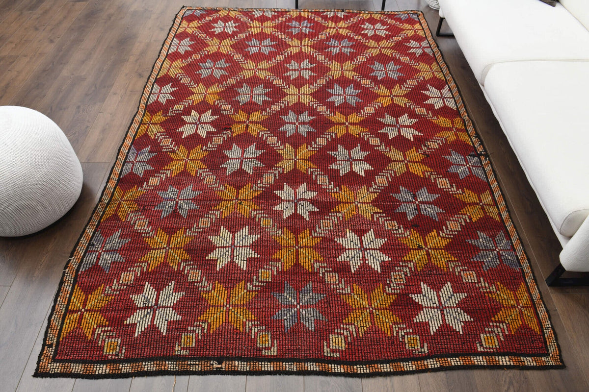 El yapımı vintage halı 188x277 cm i̇kat desenli yün - detay görünümü