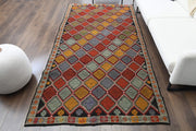 El yapımı vintage halı 147x287 cm i̇kat desenli yün - detay görünümü