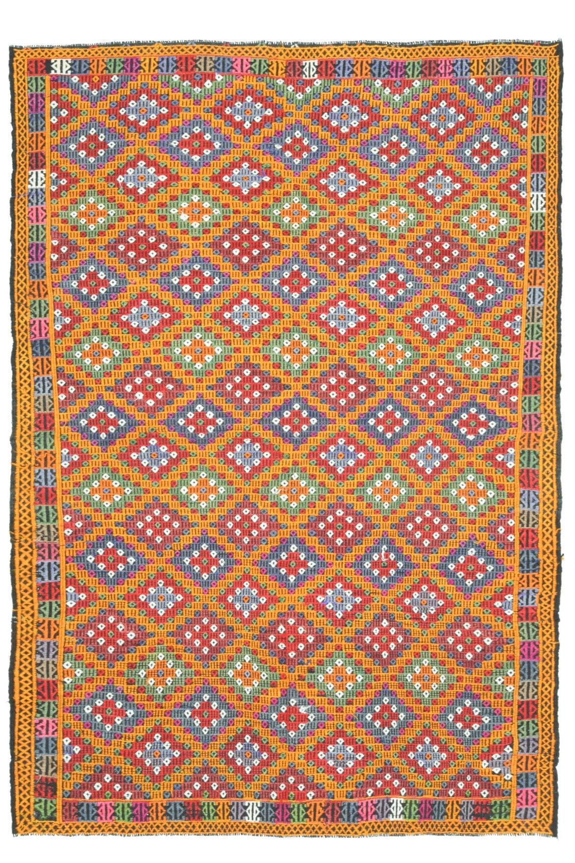 177x256 cm turuncu ve kırmızı ikat desenli el dokuma vintage kilim – üstten tam görünüm