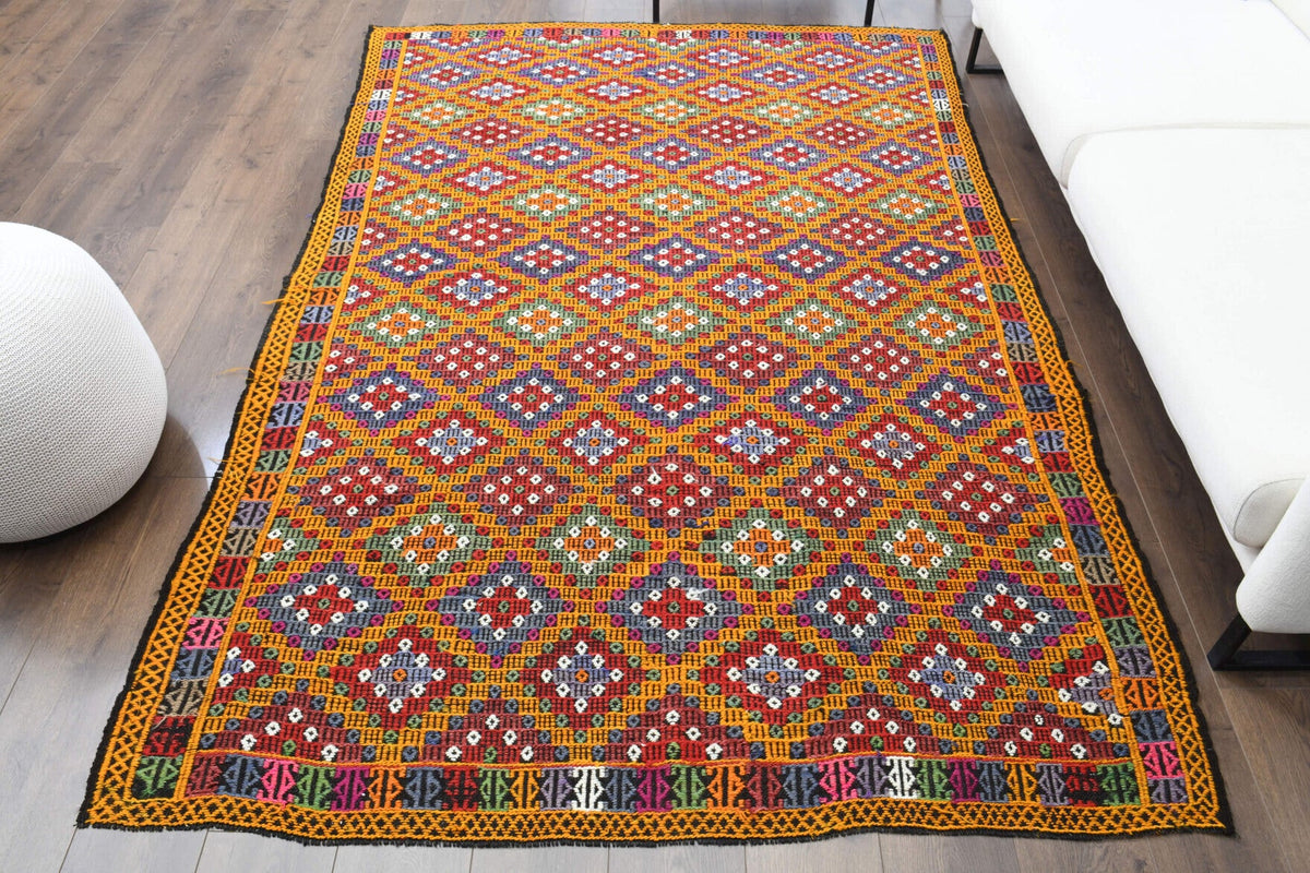 1960'lardan Anadolu kökenli ikat desenli el dokuma vintage kilim, 177x256 cm