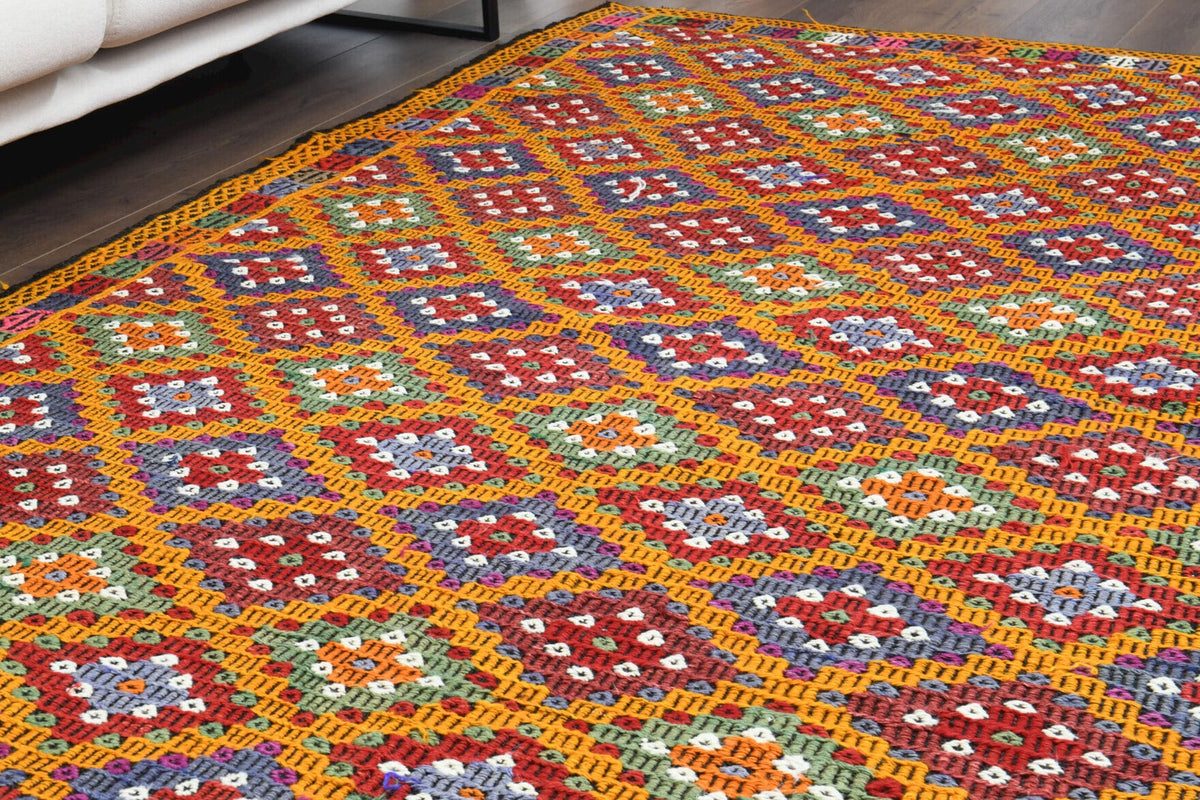 Turuncu ve kırmızı renkli el dokuma vintage kilim, %100 yün dokuma