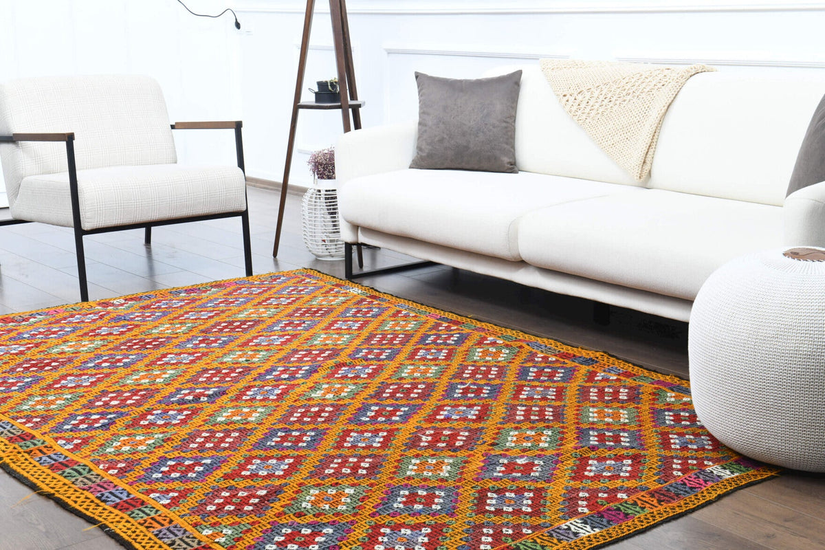 Salon için ikat desenli el dokuma vintage kilim – 177x256 cm