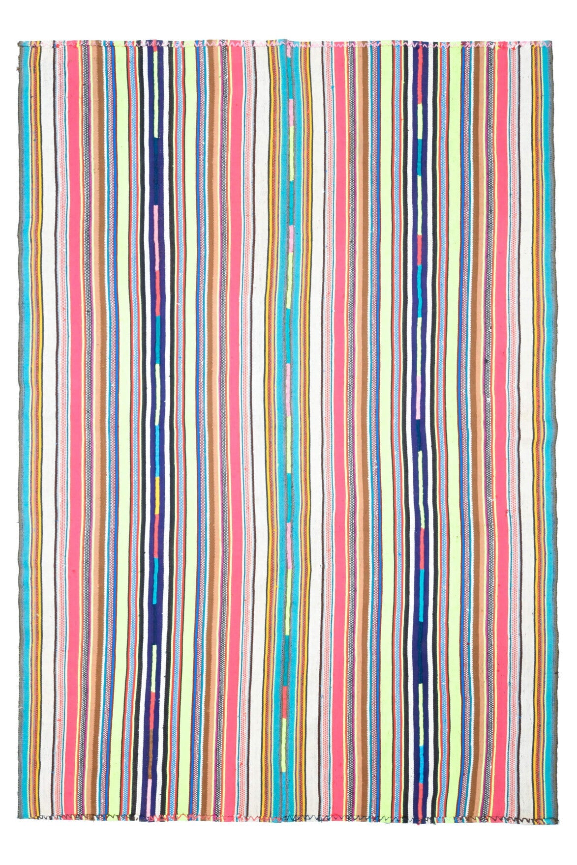 199x290 cm mavi, turuncu ve pembe çizgili el dokuma vintage kilim – üstten tam görünüm