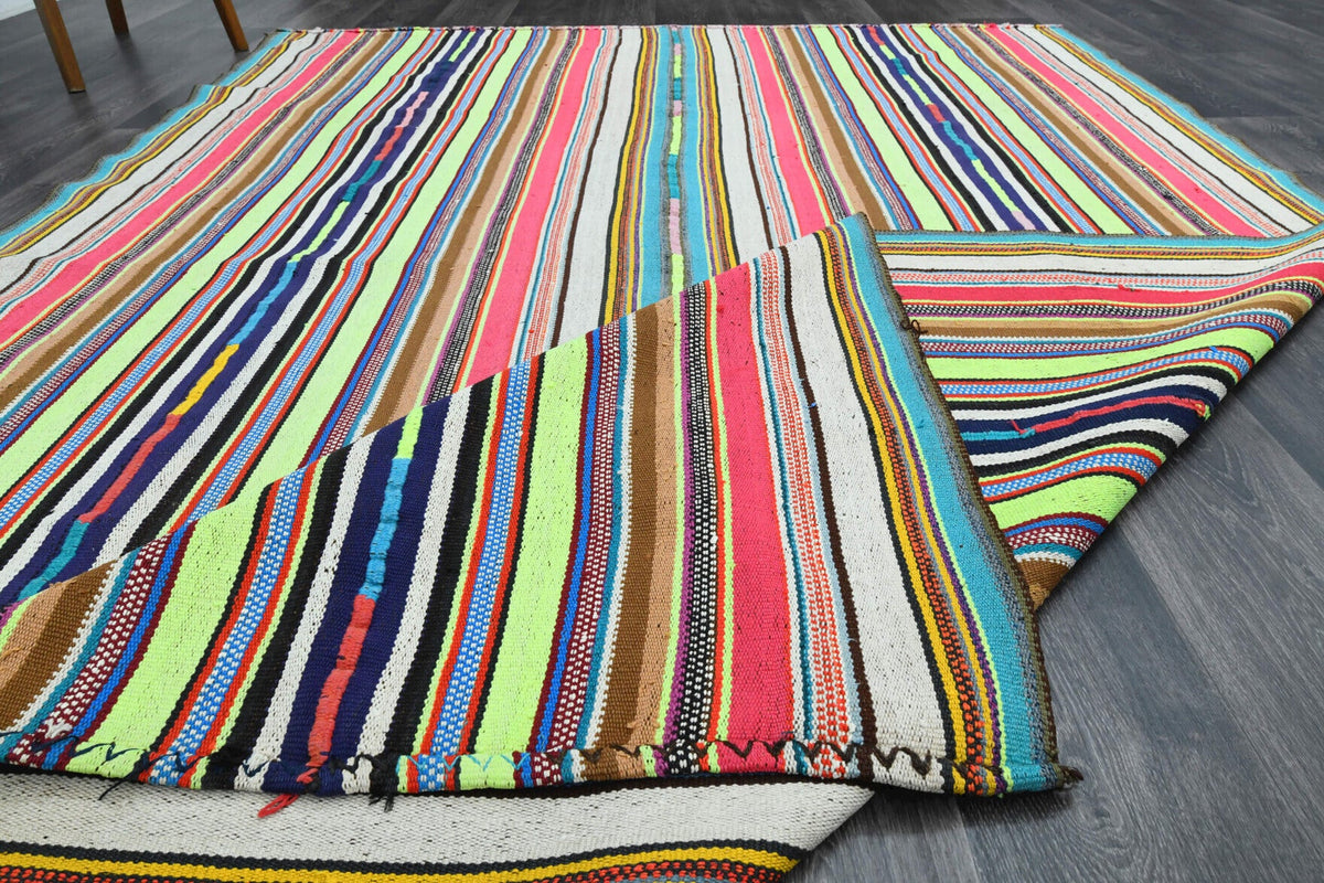 Vintage kilim 199x290 cm – mavi, turuncu ve pembe çizgili, el dokuma