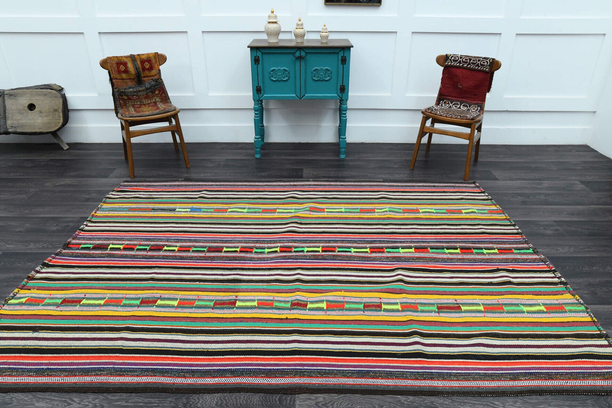 El yapımı vintage halı 185x269 cm çizgili desenli yün - yakın çekim doku detayı