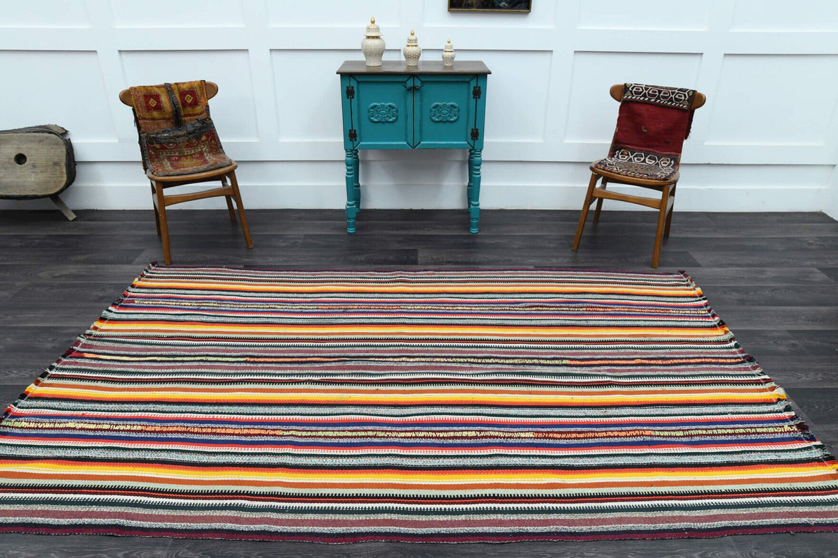 Turkish Vintage Striped Flatweave Carpet