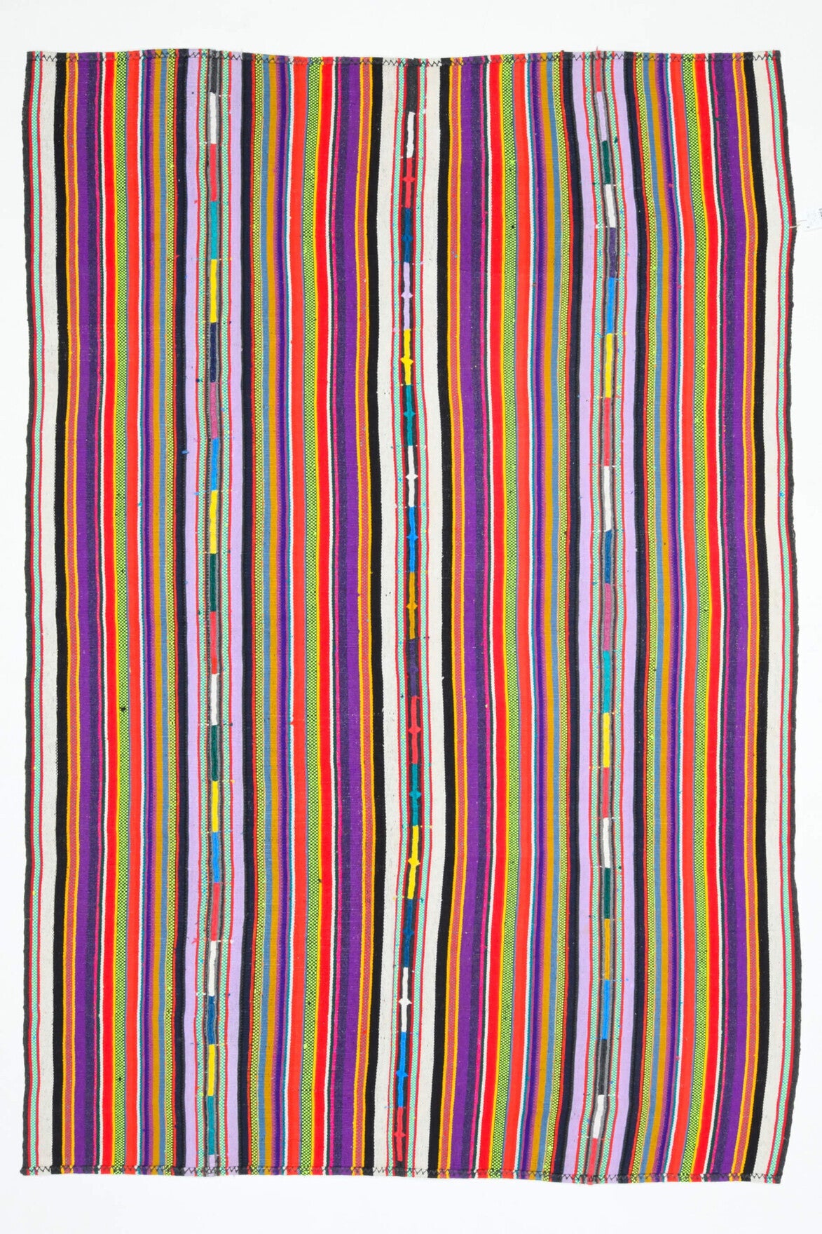 193x270 cm turuncu, kırmızı ve pembe çizgili el dokuma vintage kilim – üstten tam görünüm