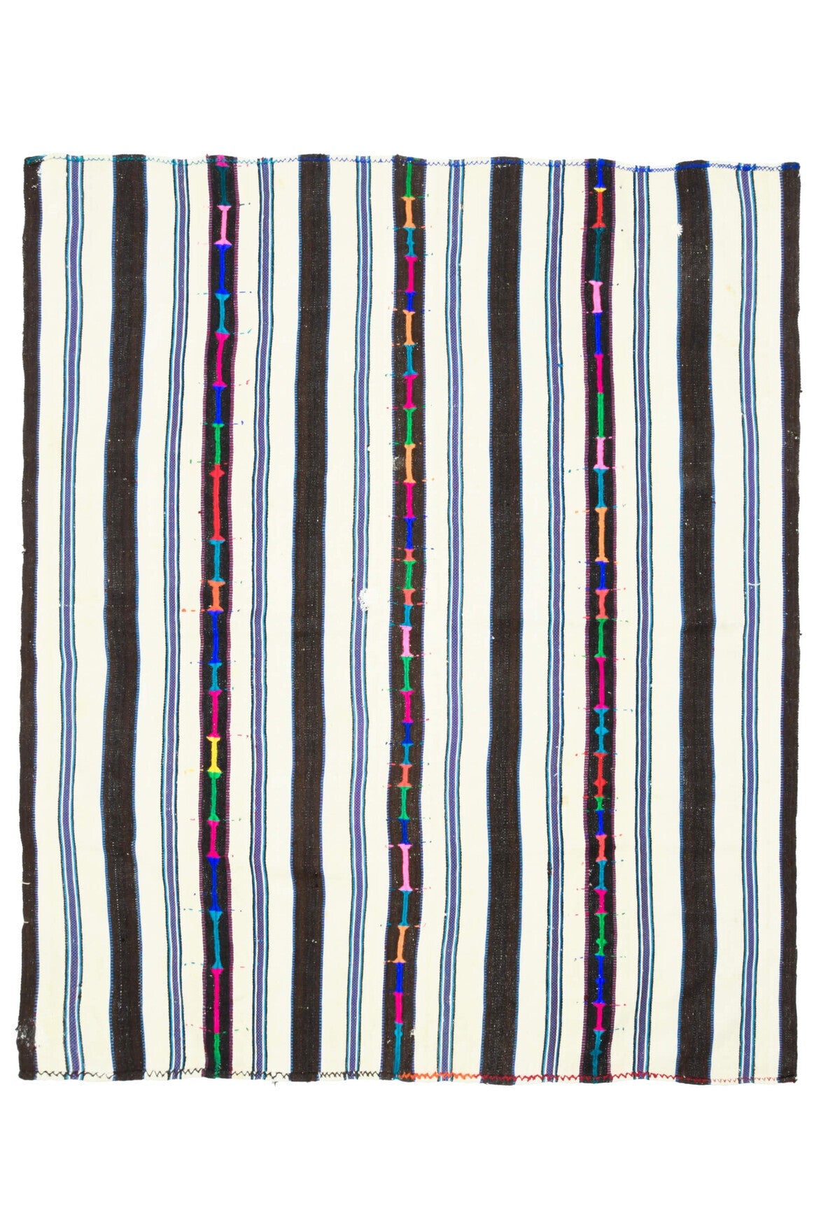 195x228 cm mavi ve beyaz çizgili el dokuma vintage kilim – üstten tam görünüm