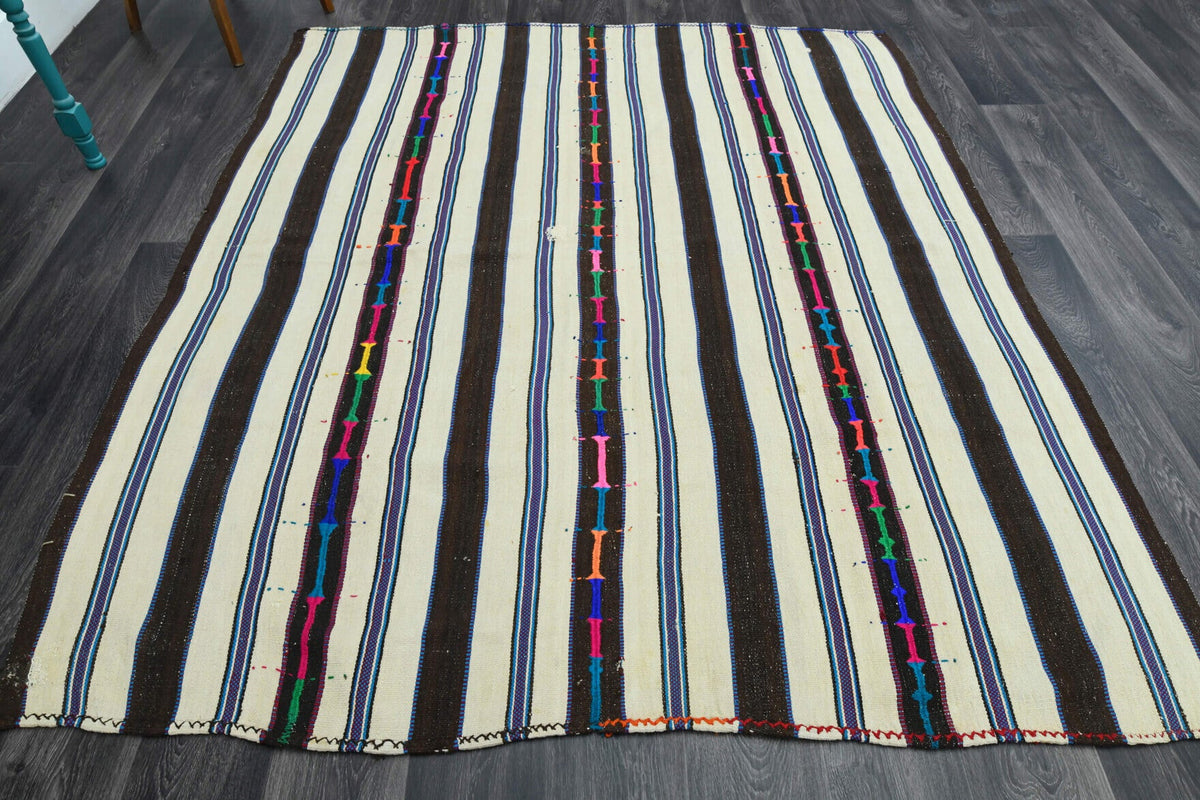 El yapımı vintage halı 196x229 cm çizgili desenli yün - detay görünümü