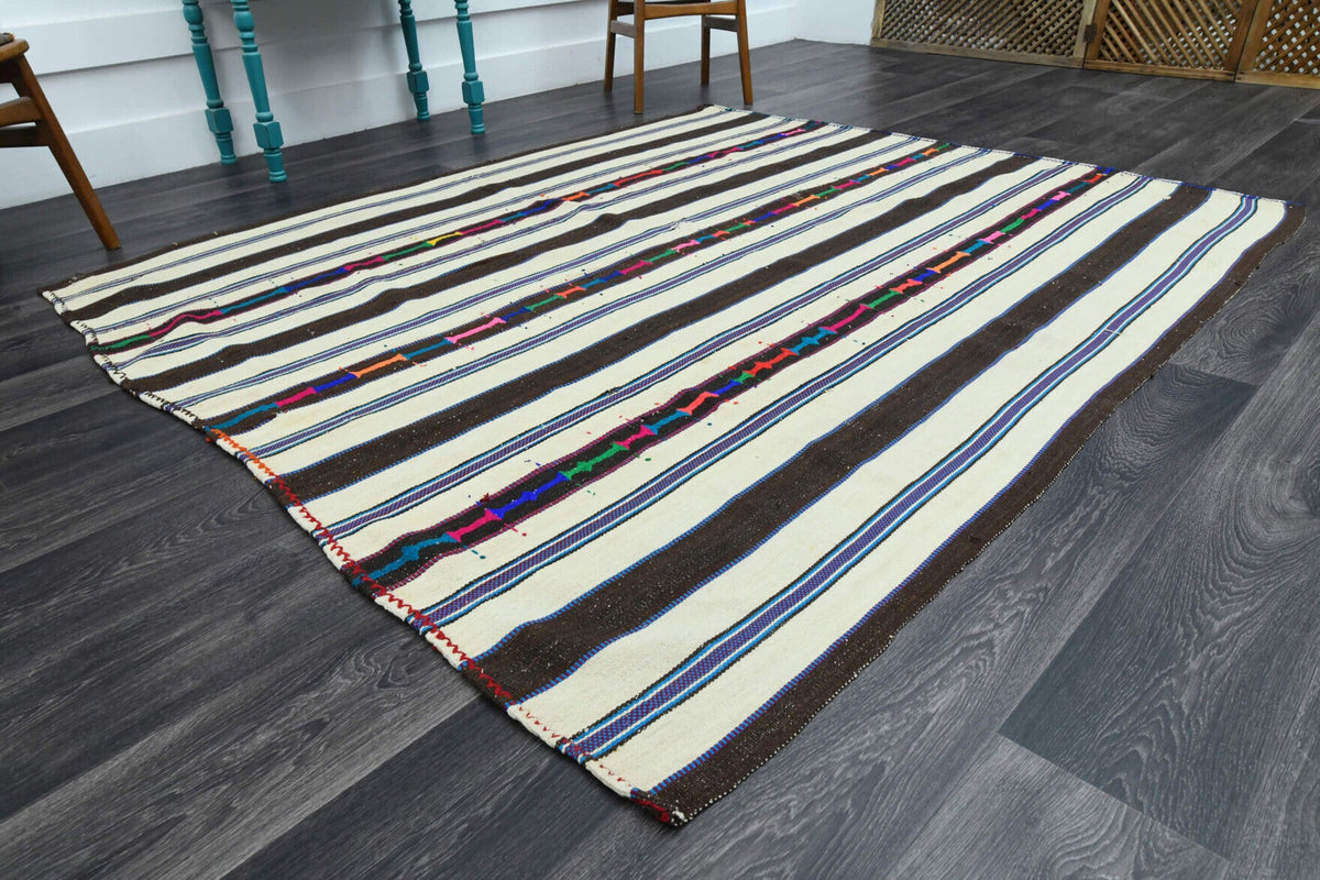 El yapımı vintage halı 196x229 cm çizgili desenli yün - yakın çekim doku detayı
