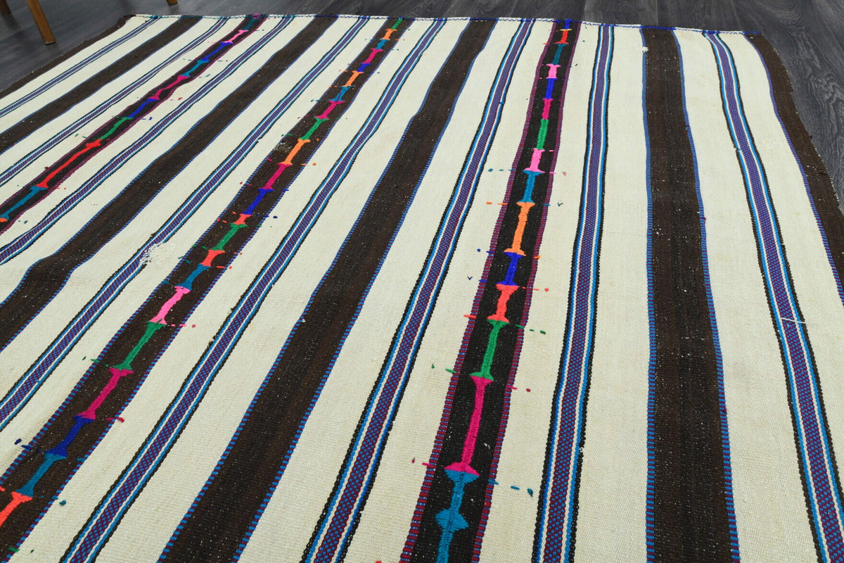 Mavi ve beyaz renkli el dokuma vintage kilim, %100 yün dokuma