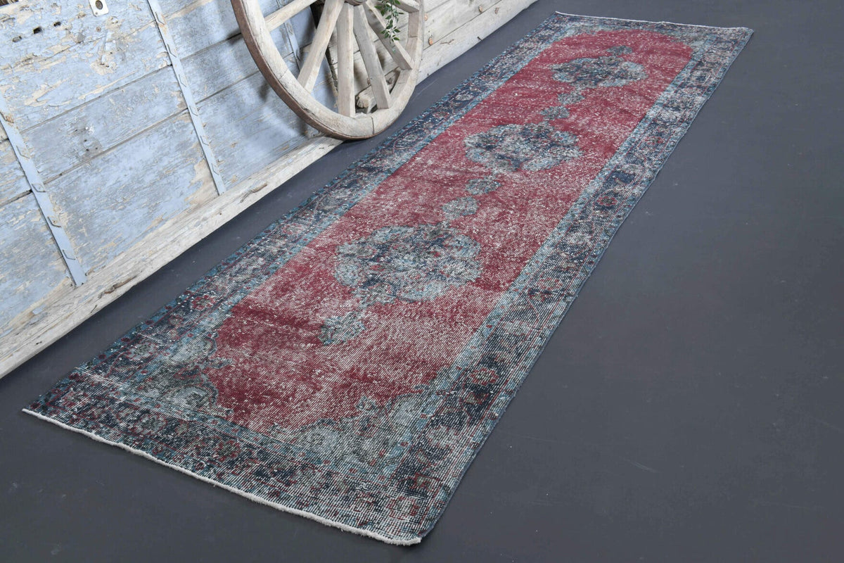 El yapımı vintage yolluk 104x371 cm oryantal desenli yün - yakın çekim doku detayı