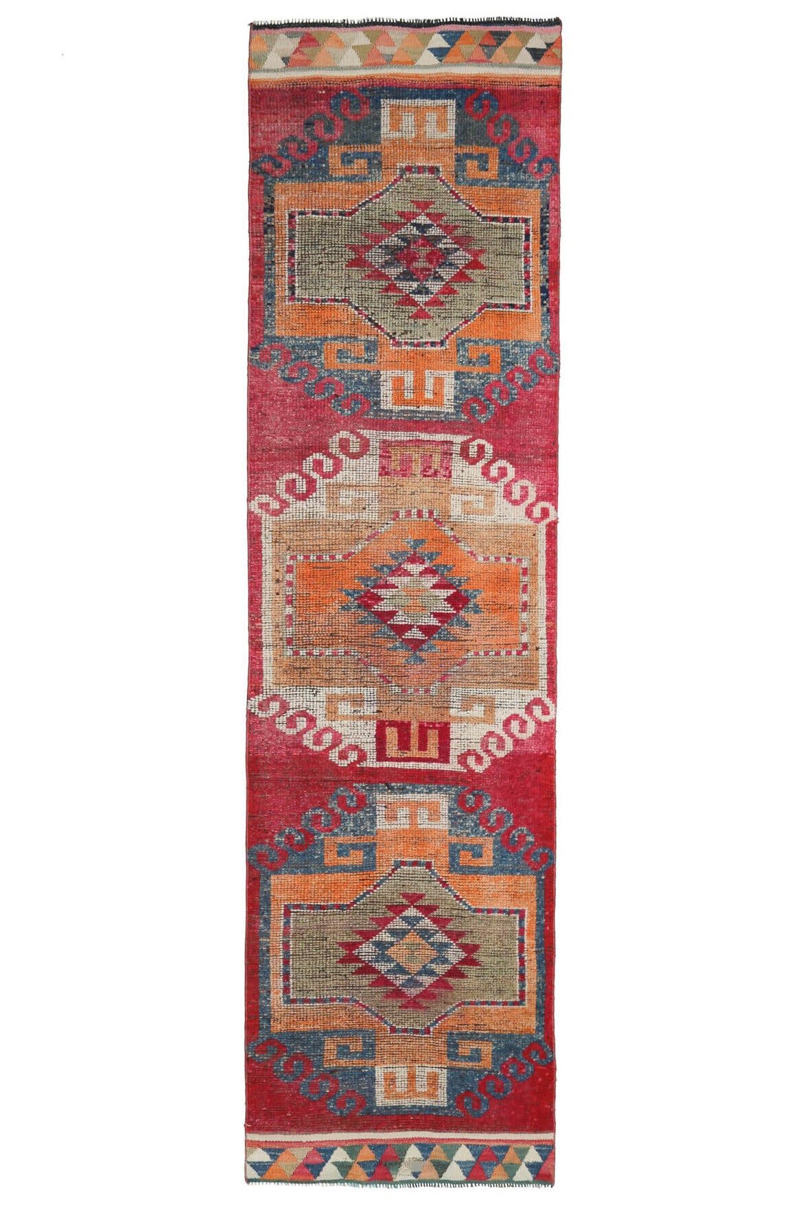 94x358 cm kırmızı ve turuncu tribal desenli el dokuma vintage yolluk – üstten tam görünüm