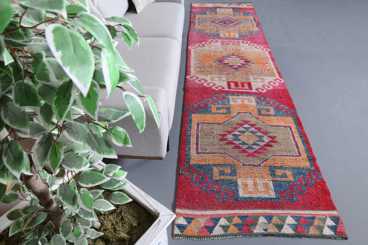 El yapımı vintage yolluk 94x356 cm tribal desenli yün - detay görünümü