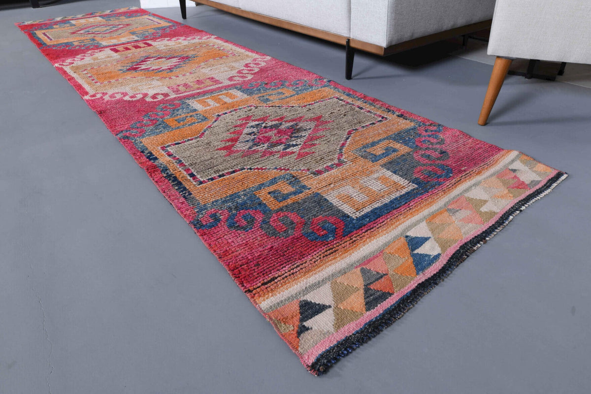 Antre ve koridor için tribal desenli el dokuma vintage yolluk – 94x358 cm