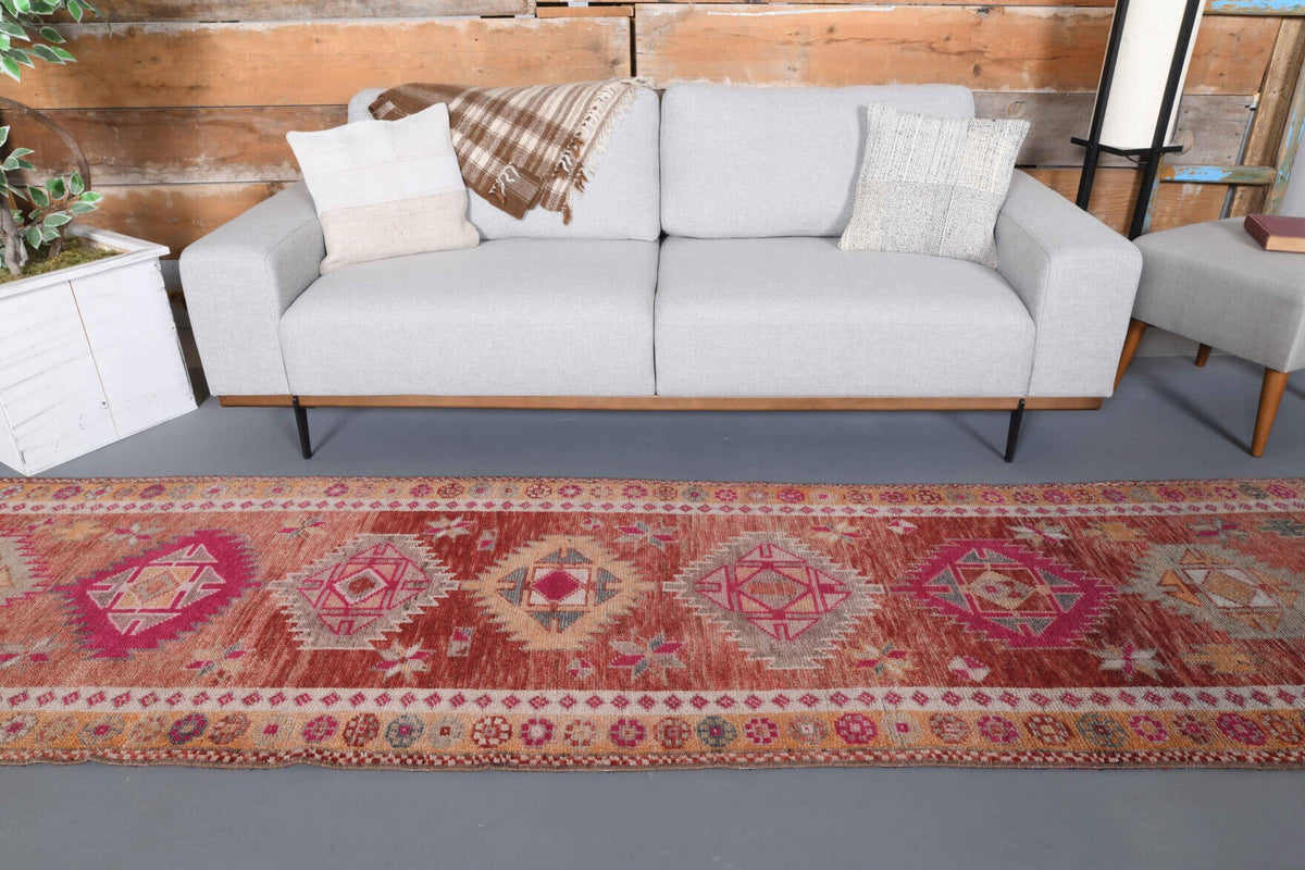 El yapımı vintage yolluk 91x391 cm oryantal desenli yün - yakın çekim doku detayı