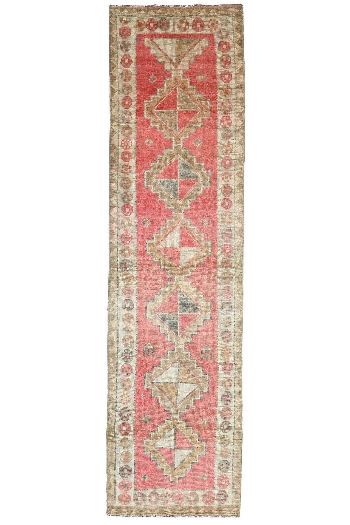 92x364 cm turuncu, pembe ve bej tribal desenli el dokuma vintage yolluk – üstten tam görünüm