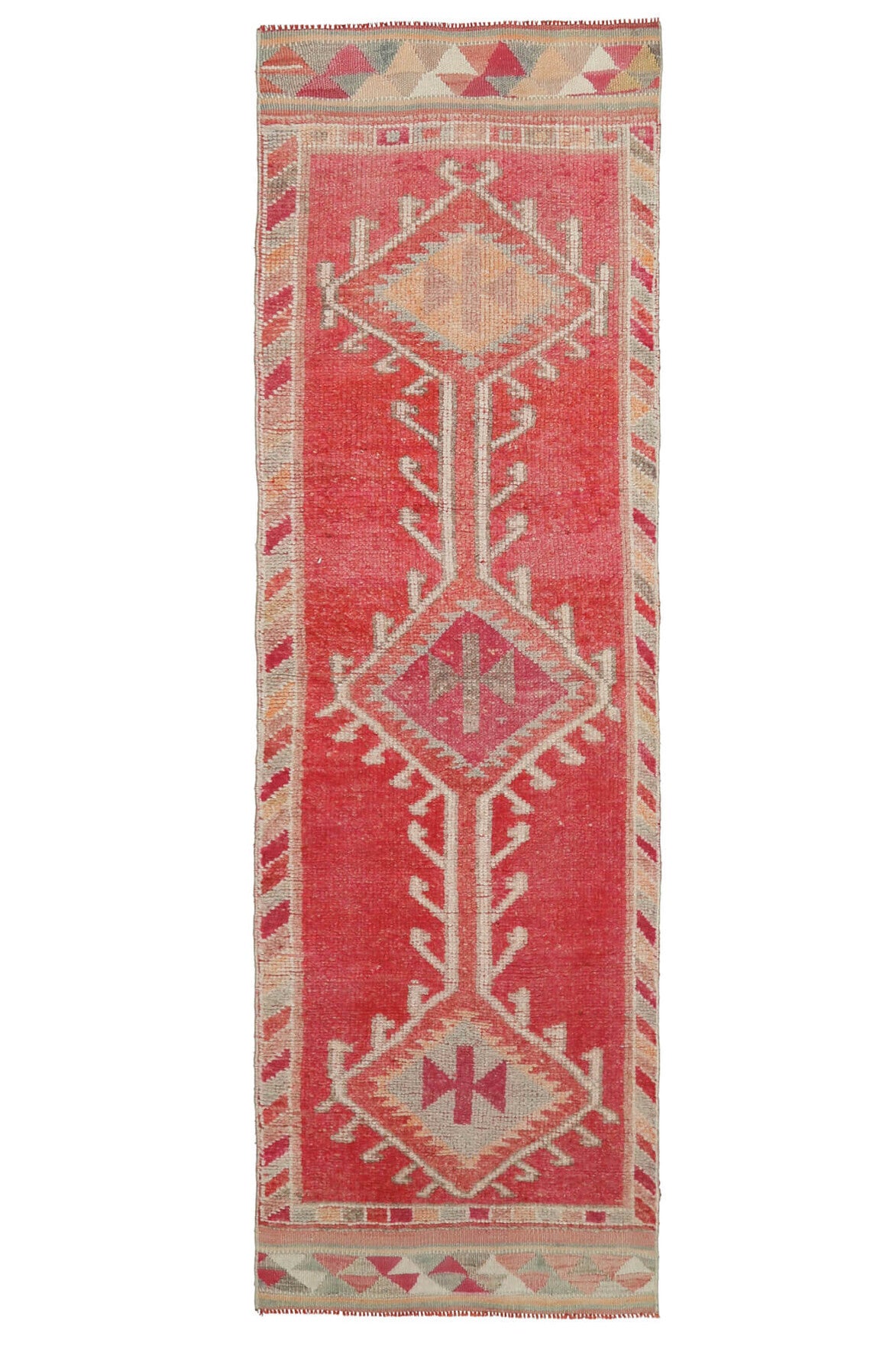 86x293 cm kırmızı, turuncu ve pembe tribal desenli el dokuma vintage yolluk – üstten tam görünüm