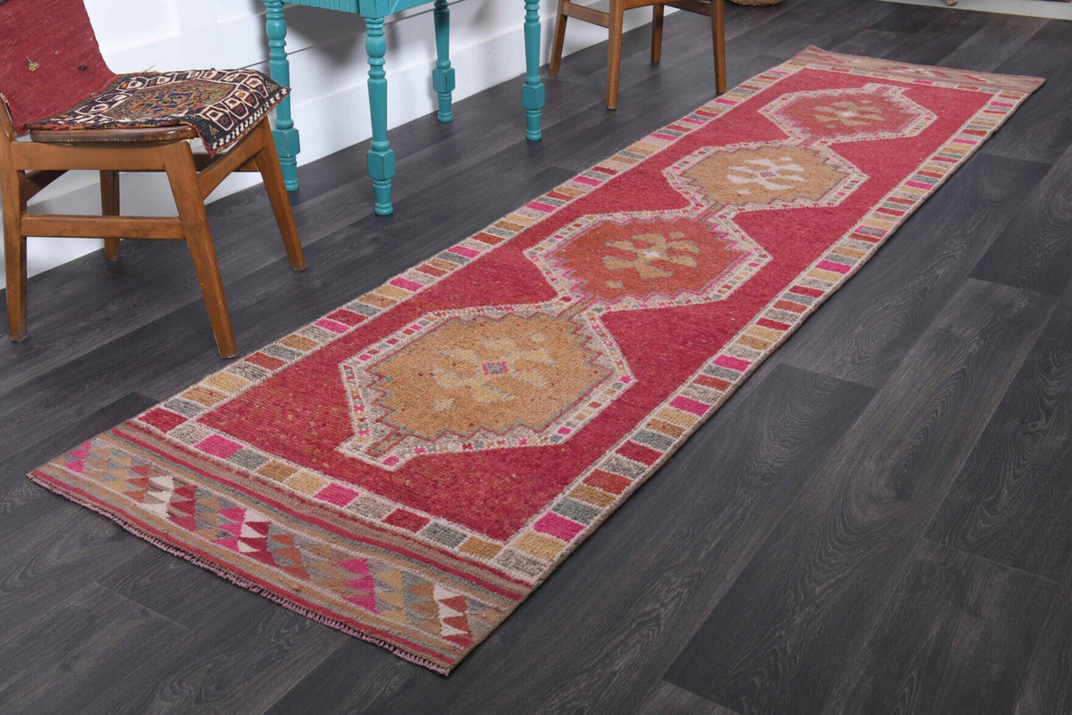 El yapımı vintage yolluk 89x340 cm tribal desenli yün - yakın çekim doku detayı