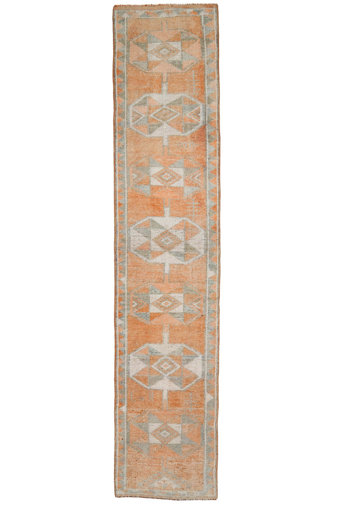 83x398 cm turuncu ve bej oryantal desenli el dokuma vintage yolluk – üstten tam görünüm