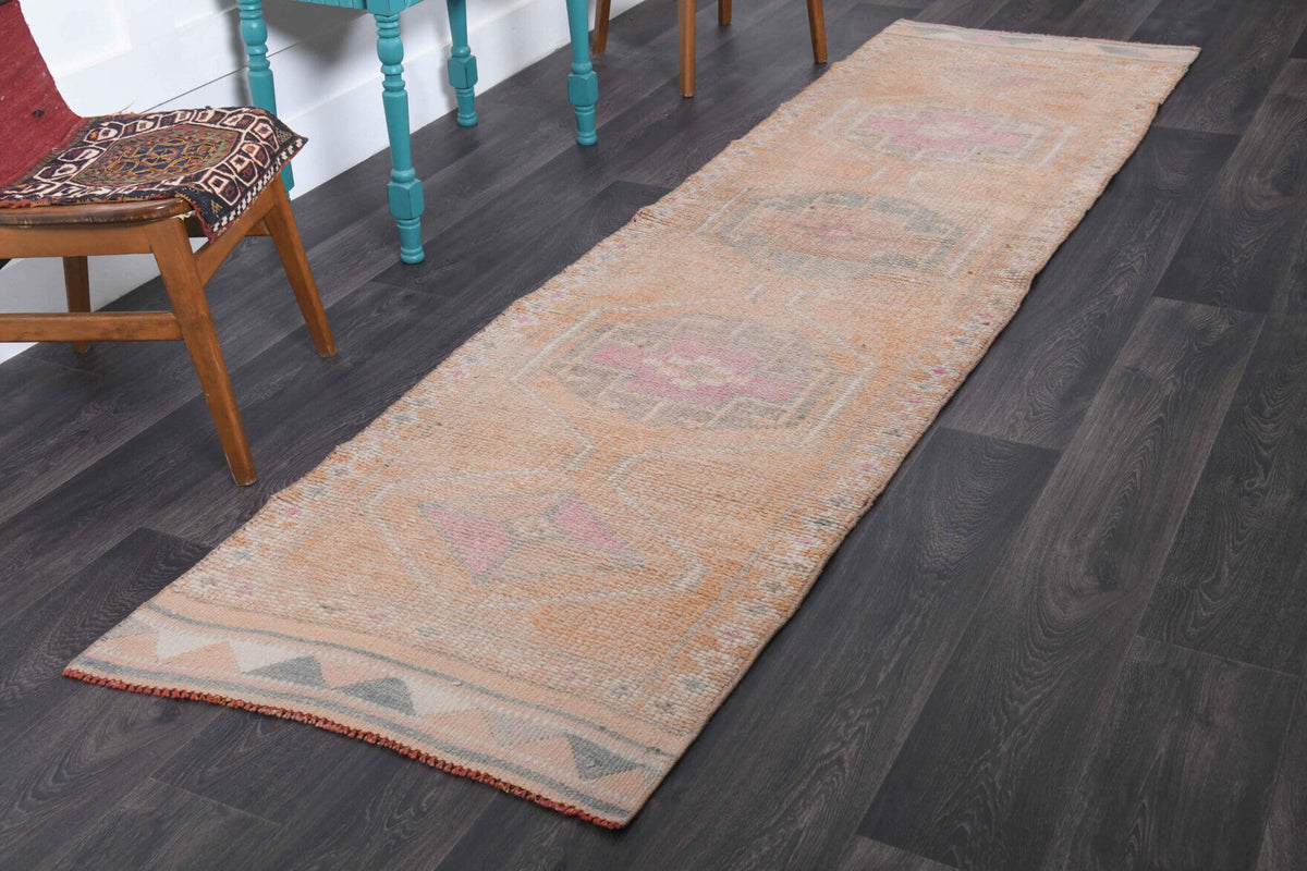 El yapımı vintage yolluk 86x310 cm oryantal desenli yün - yakın çekim doku detayı