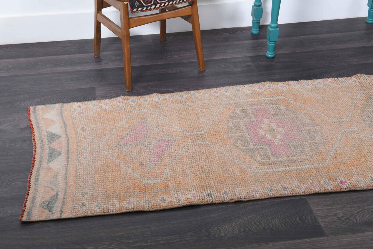 El yapımı vintage yolluk 86x310 cm oryantal desenli yün - kenar ve saçak detayı