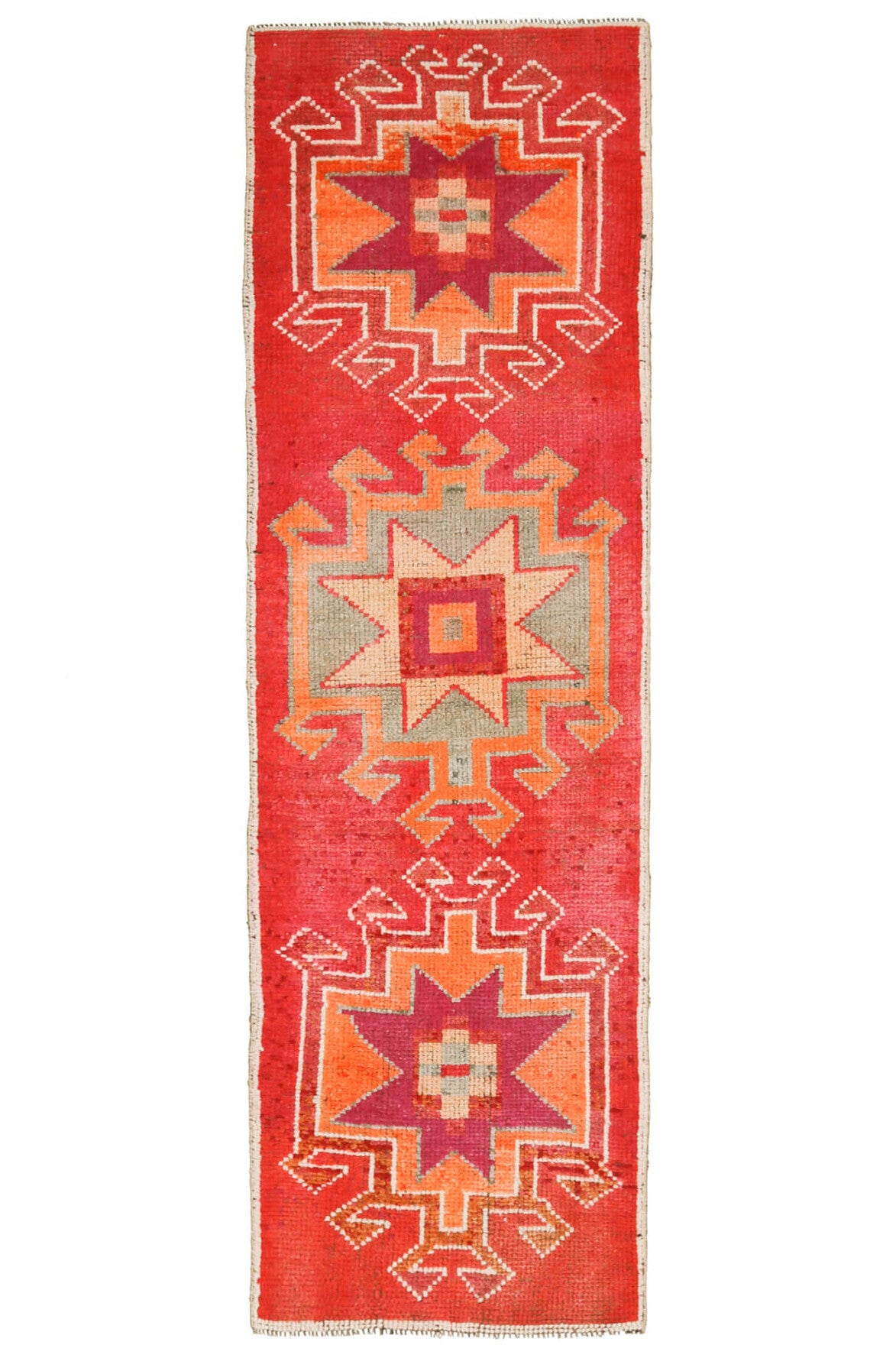 88x299 cm kırmızı ve turuncu oryantal desenli el dokuma vintage yolluk – üstten tam görünüm