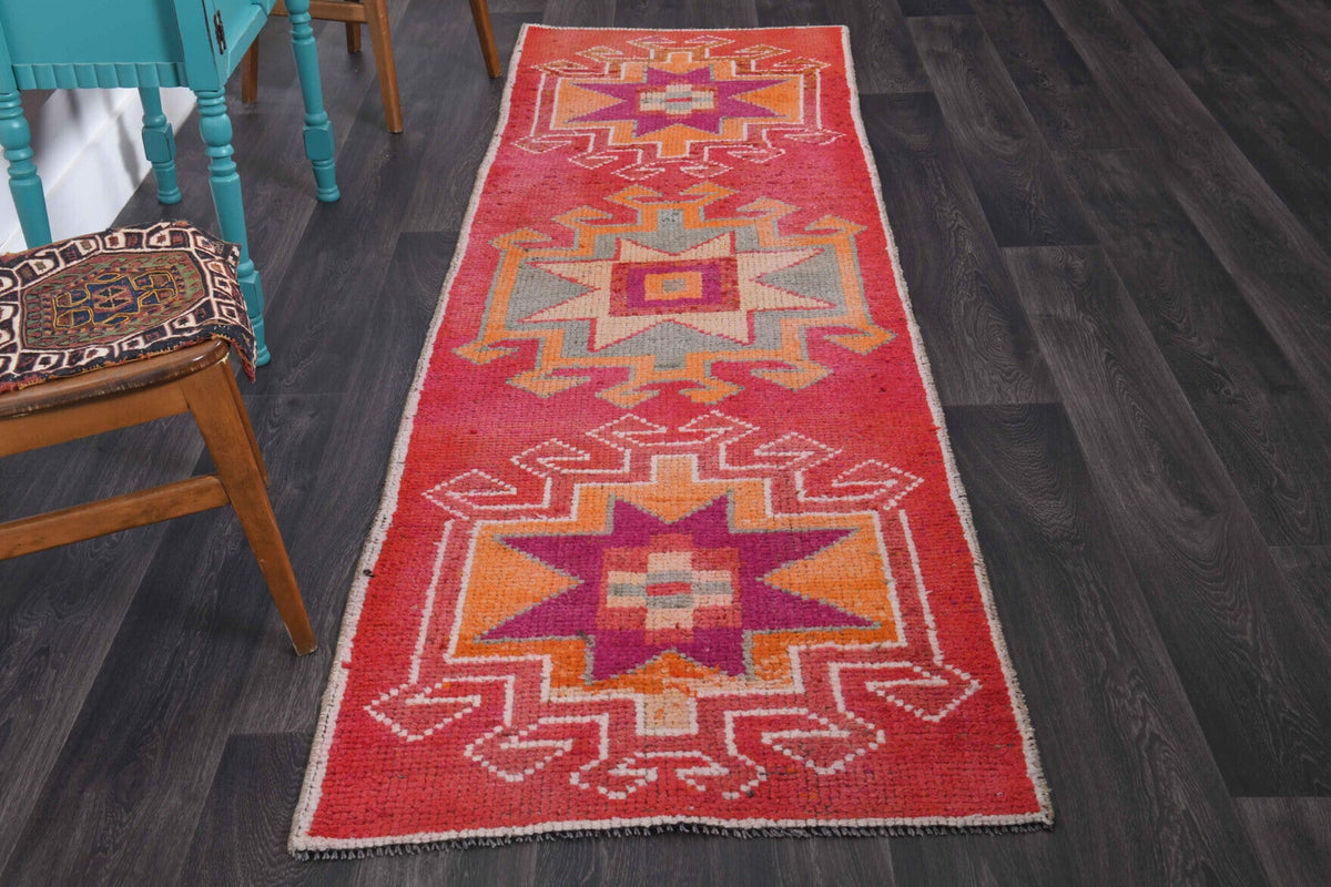 1970'lerden Anadolu kökenli oryantal desenli el dokuma vintage yolluk, 88x299 cm