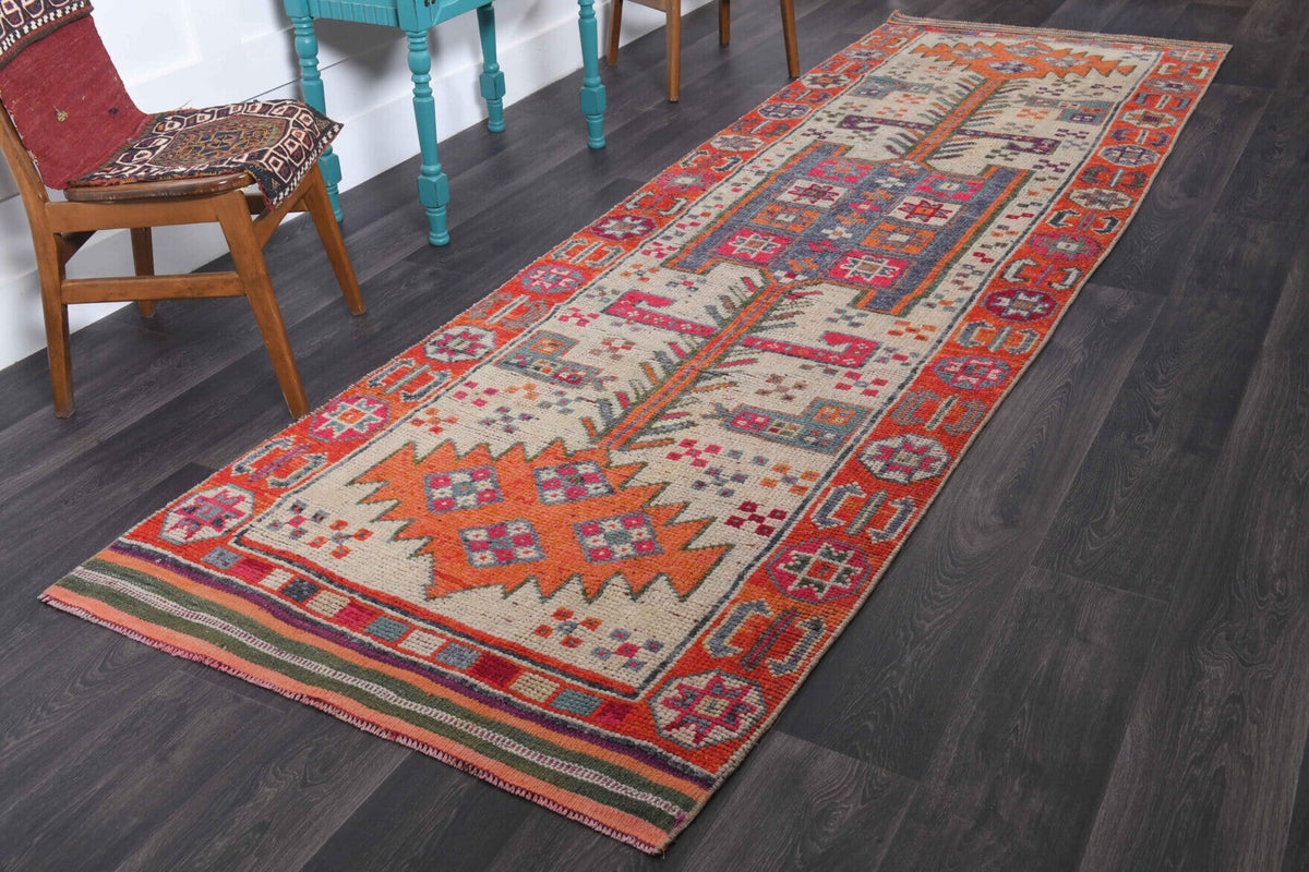 El yapımı vintage yolluk 112x363 cm i̇kat desenli yün - yakın çekim doku detayı