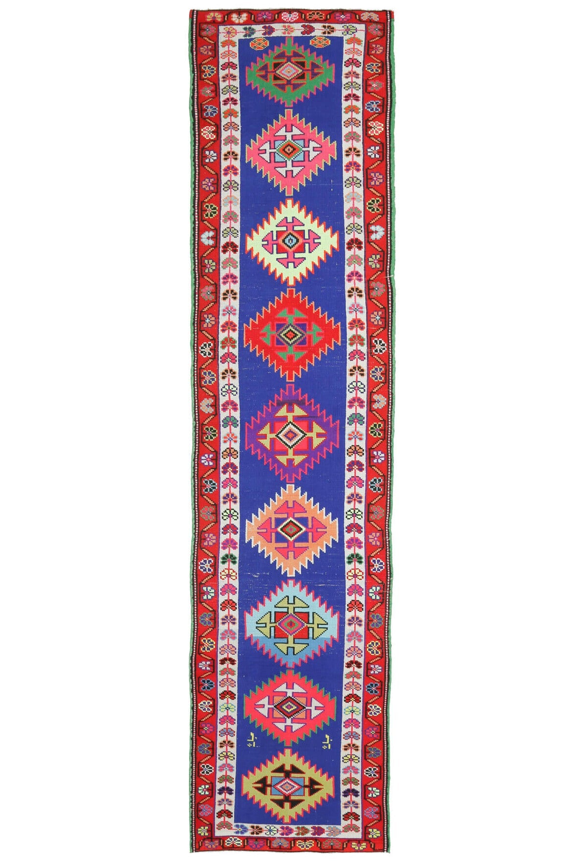 83x364 cm kırmızı, mavi ve pembe ikat desenli el dokuma vintage yolluk – üstten tam görünüm
