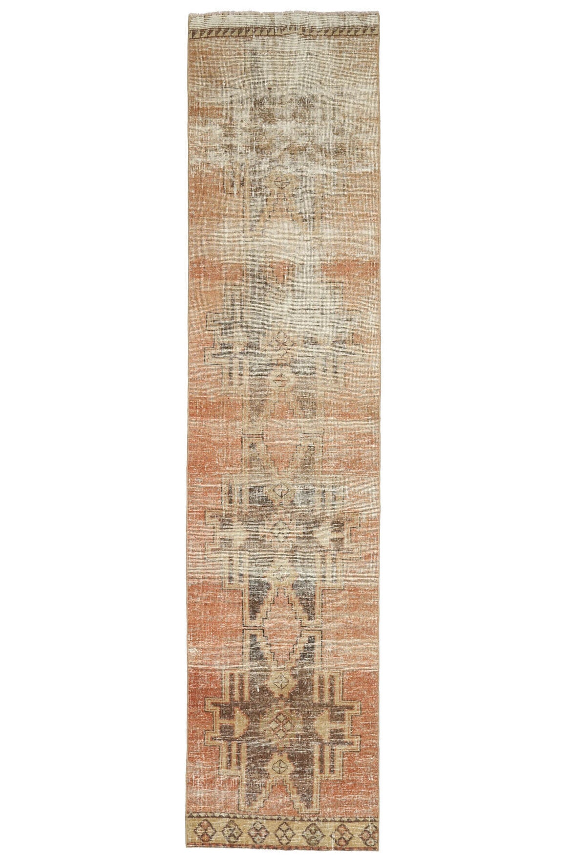 80x361 cm turuncu geometrik desenli el dokuma vintage yolluk – üstten tam görünüm