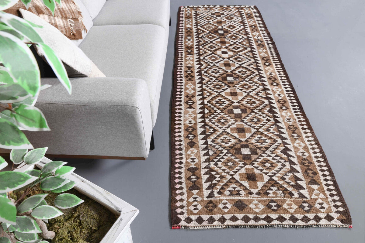 1970'lerden Anadolu kökenli ikat desenli el dokuma vintage yolluk, 98x284 cm