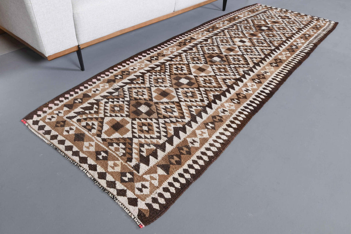El yapımı vintage yolluk 97x284 cm i̇kat desenli yün - yakın çekim doku detayı