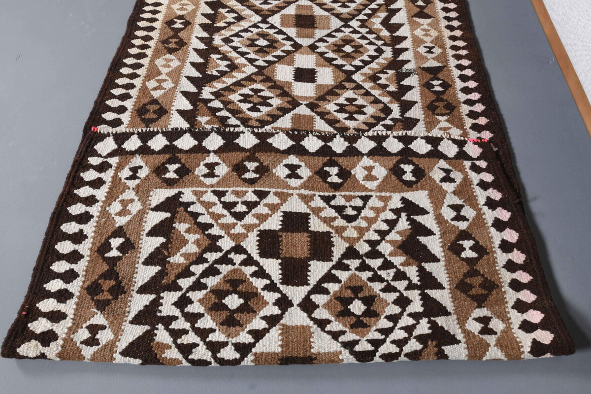 Vintage yolluk 98x284 cm – kahverengi, turuncu ve bej ikat desenli, el dokuma